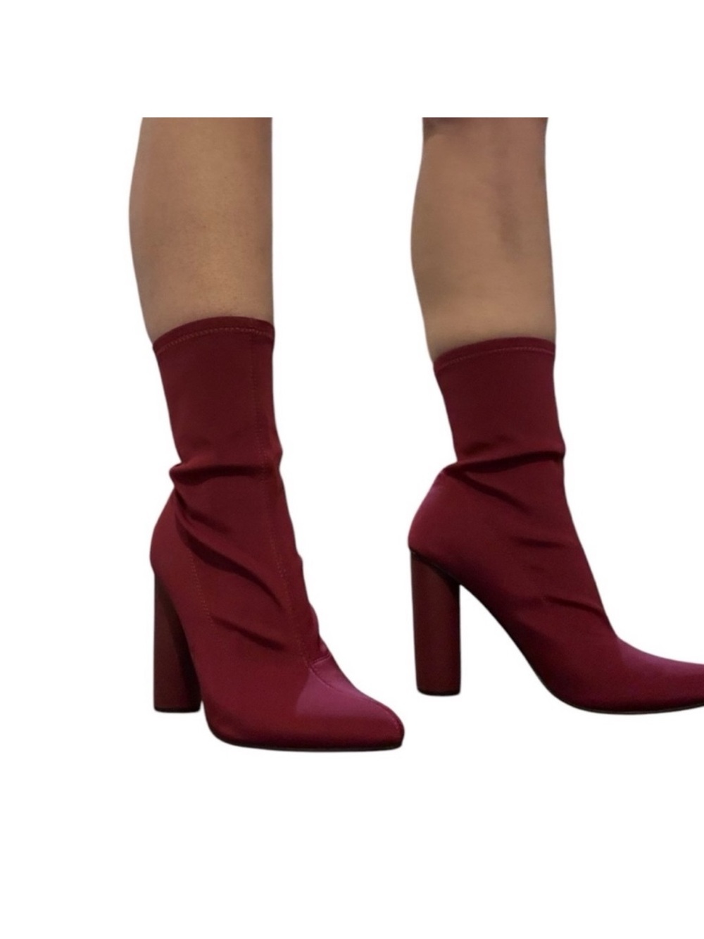 Burgundy Stretch Sock Booties - Fashion Block Heel